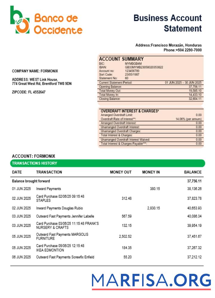 Downloadable Banco de Occidente firm account statement Word and PDF template